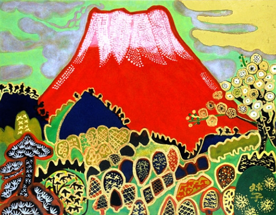 片岡球子 春来る富士 絵画 油彩 6号 裏書あり n712 （片岡球子「早春の 