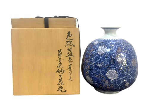 色絵藍色墨はじき草花更紗文花瓶