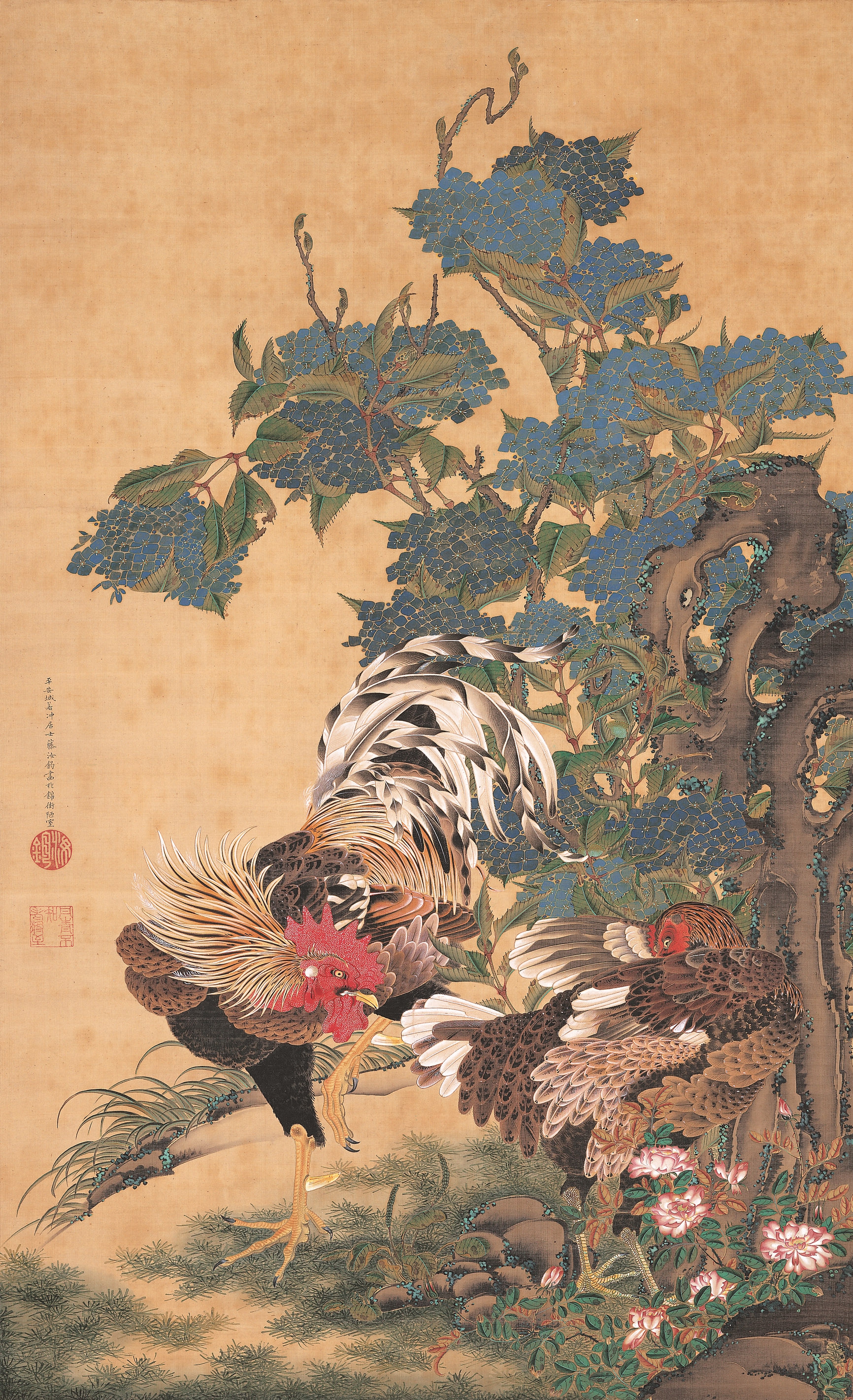 紫陽花双鶏図