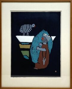 畦地梅太郎の鳥とかたる（木版画）の作品写真