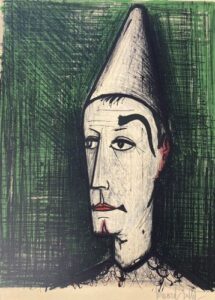 ベルナール・ビュッフェの緑の背景のピエロ（版画）の作品写真