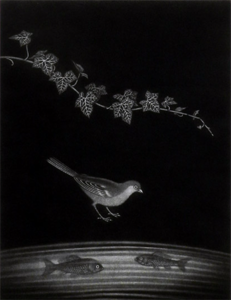 長谷川潔の小鳥と魚の友愛（版画）の作品写真