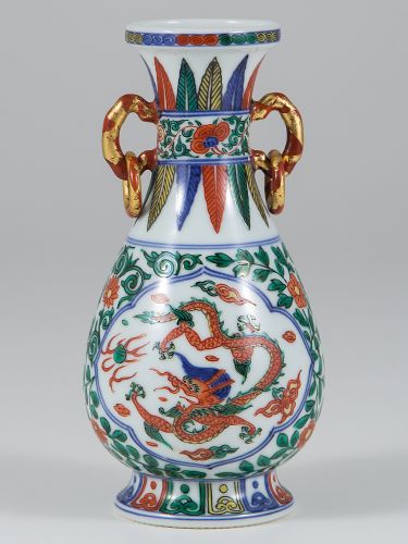 三浦竹軒の赤絵遊環花瓶の作品写真