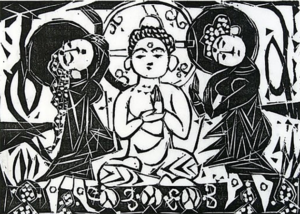 棟方志功の三尊仏の柵（木版画）の作品写真