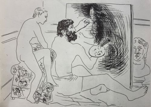 制作する画家、観察する裸婦のモデル