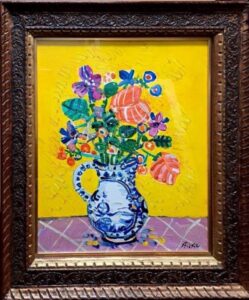 アイズピリの黄色いバックのポットの花（油彩）の作品写真