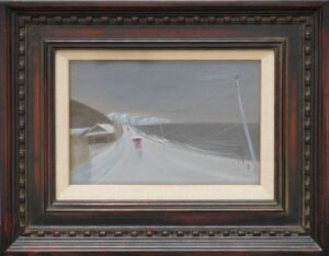 斎藤真一の吹雪の北国街道（板に油彩）の作品写真