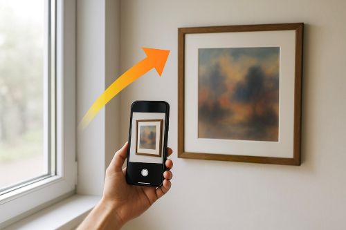 スマホで正面から作品を撮影している様子